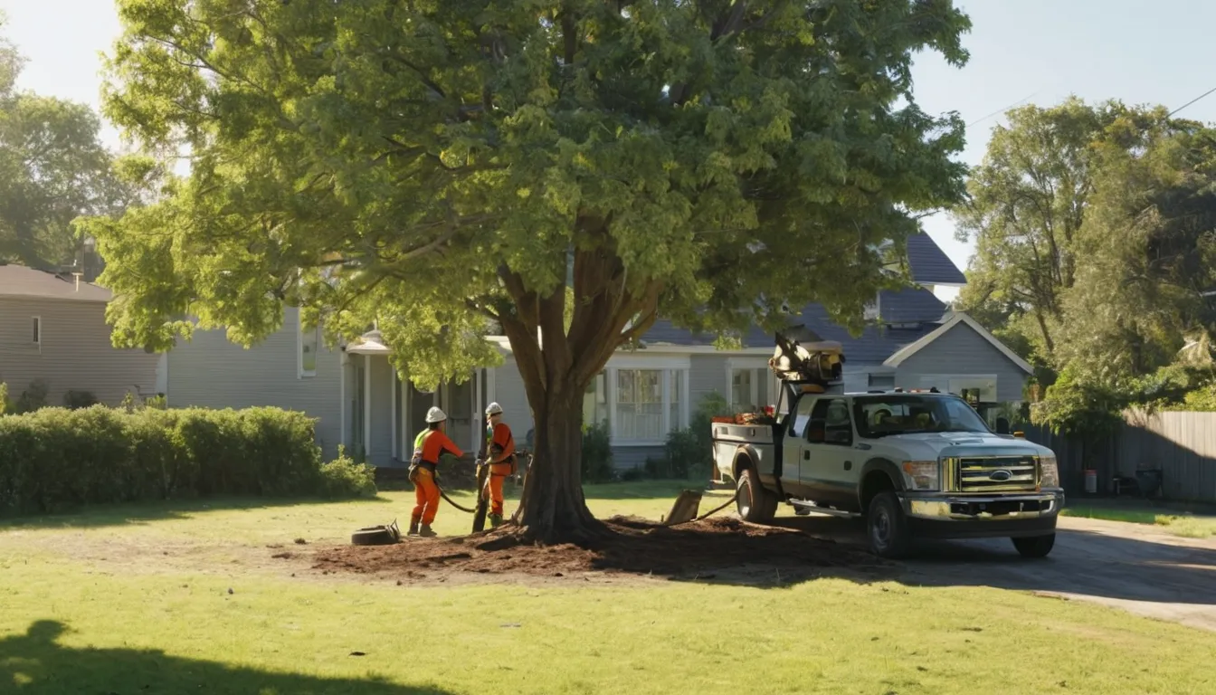 A tree removal provider cutting a large backyard tree safely near a house in Elburn